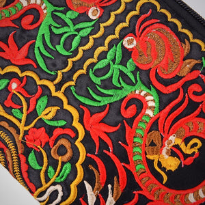 The image is a close-up of the Double Dragon Embroidered Clutch pattern.